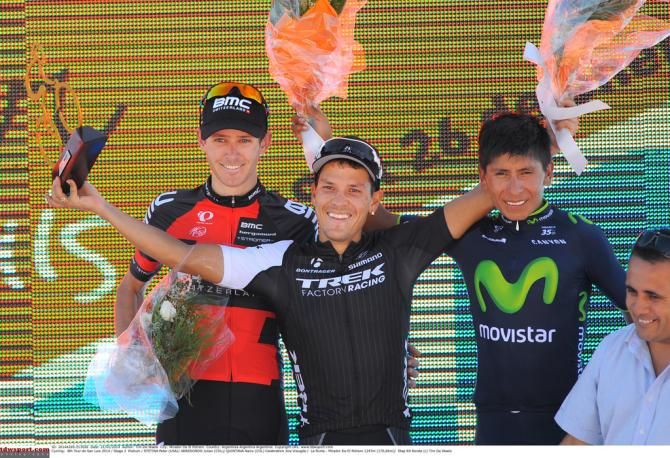 The stage podium with Peter Stetina (BMC) and Nairo Quintana (Movistar)