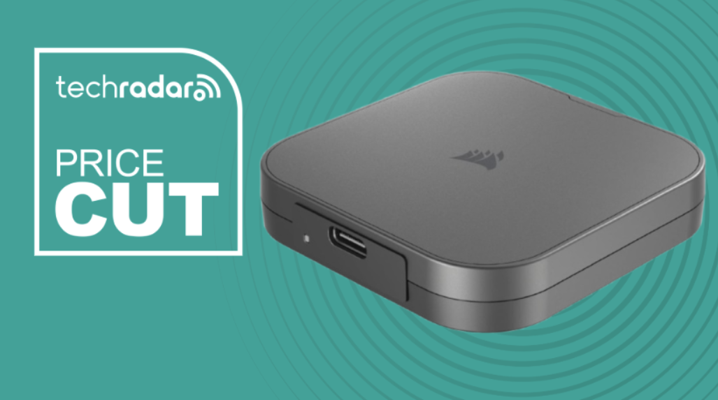  Corsair EX400U 4TB SSD on a green background next to a TechRadar badge reading &#039;Price Cut&#039;