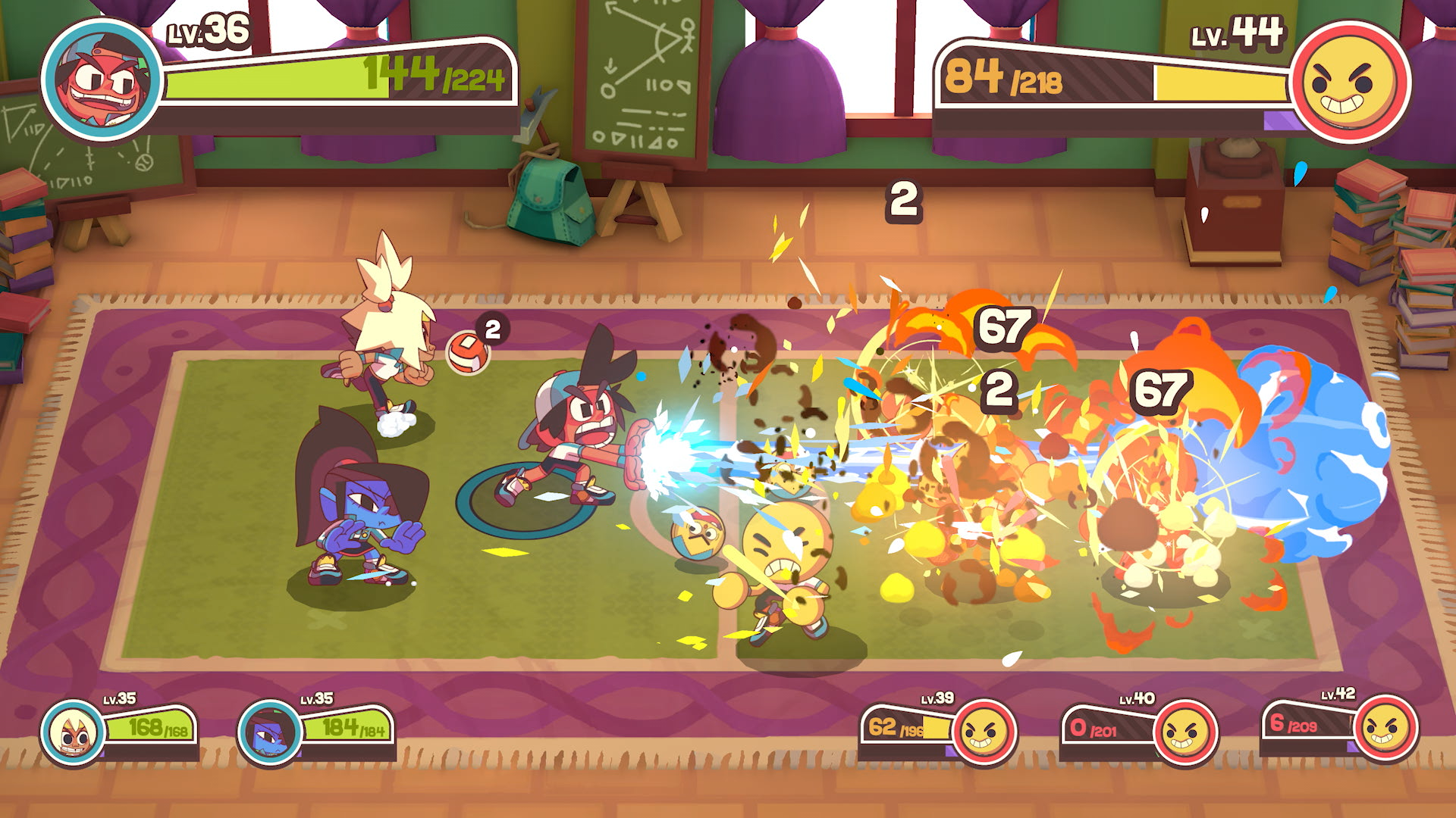 A screenshot of Dodgeball Academia’s combat system. There are three characters on each side of a dodgeball court. On the left side is the player’s team, with Otto in the middle. He is screaming as he unleashes a sort of kame kame ha move toward the opposing team, blanketing them in flame.