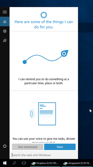 A screenshot of the Windows 10 desktop showing the Cortana smart assistant window