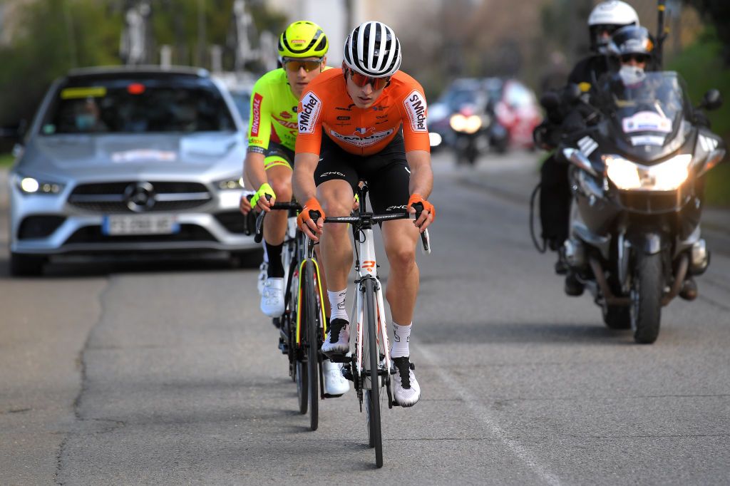 BELLEGARDE FRANCE FEBRUARY 03 Louis Louvet of France and Team St Michel Auber93 Tom Paquot of Belgium and Team Bingoal WB during the 51st toile de Bessges Tour du Gard 2021 Stage 1 a 14355km stage from Bellegarde to Bellegarde 57m Breakaway EDB2020 on February 03 2021 in Bellegarde France Photo by Luc ClaessenGetty Images