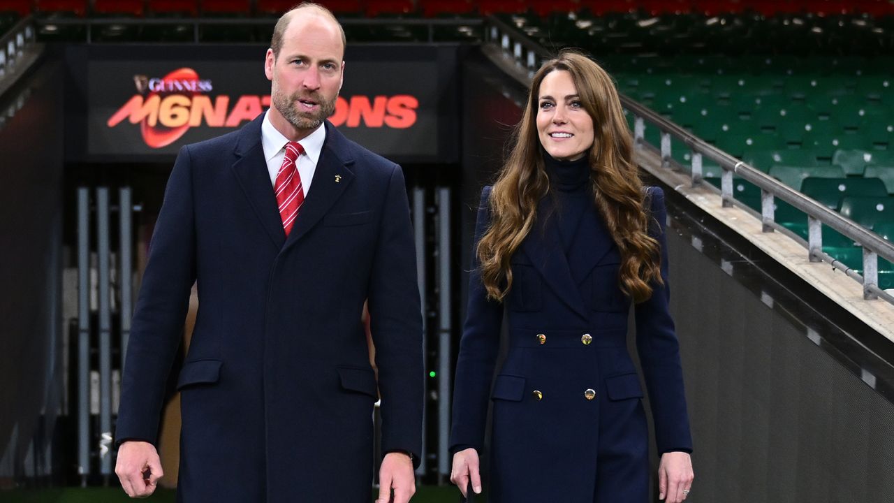 Kate Middleton and Prince William walking into a rugby stadium in March 2025