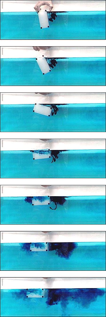 Video frames showing the capsize of a plastic iceberg 2 inches wide, 4 inches high and 10.5 inches long (5.1 by 10.2 by 26.7 cm). The dark blue dye to the right of the berg shows the pattern of flow and the development of a large vortex indicative of turbulent flow. The dye and thus the mixing flow extends far away from the right side of the iceberg. The time between the first and last frame is 12 seconds.