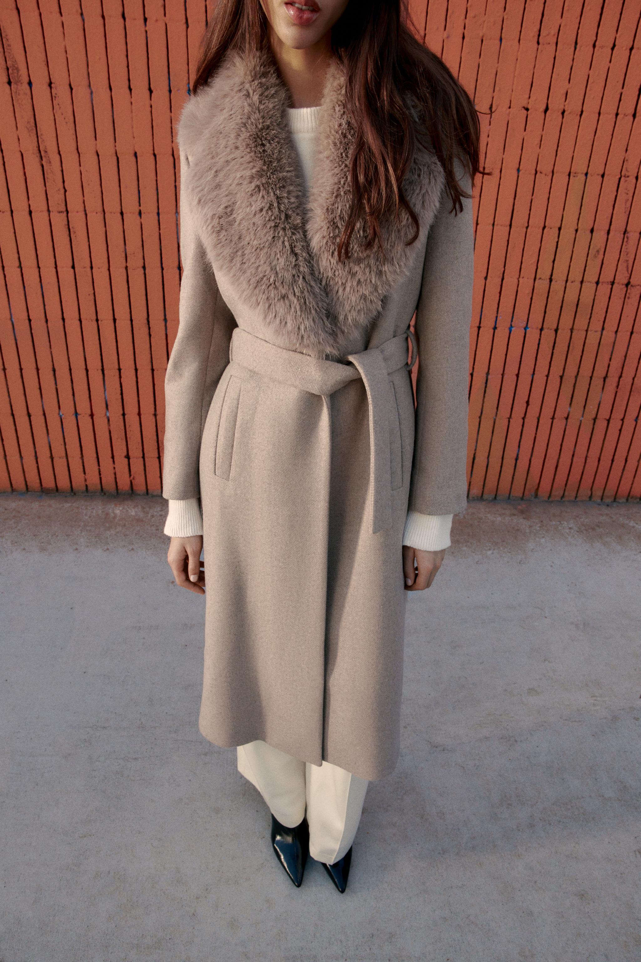 Wool Coat With Faux Fur Lapel and Belt