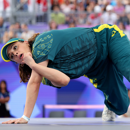 B-Girl Raygun of Team Australia competes during the B-Girls Round Robin - Group B on day fourteen of the Olympic Games Paris 2024 at Place de la Concorde on August 09, 2024 in Paris, France