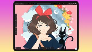 Retro art style; a pixel art portrait of a girl and cat on an ipad