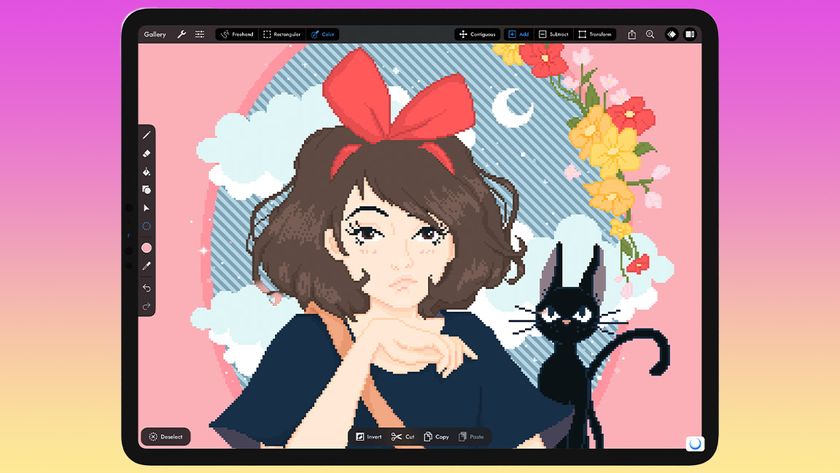 Retro art style; a pixel art portrait of a girl and cat on an ipad