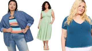composite of three models wearing clothing from torrid