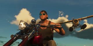 a character riding a motorcyle with a plane over him