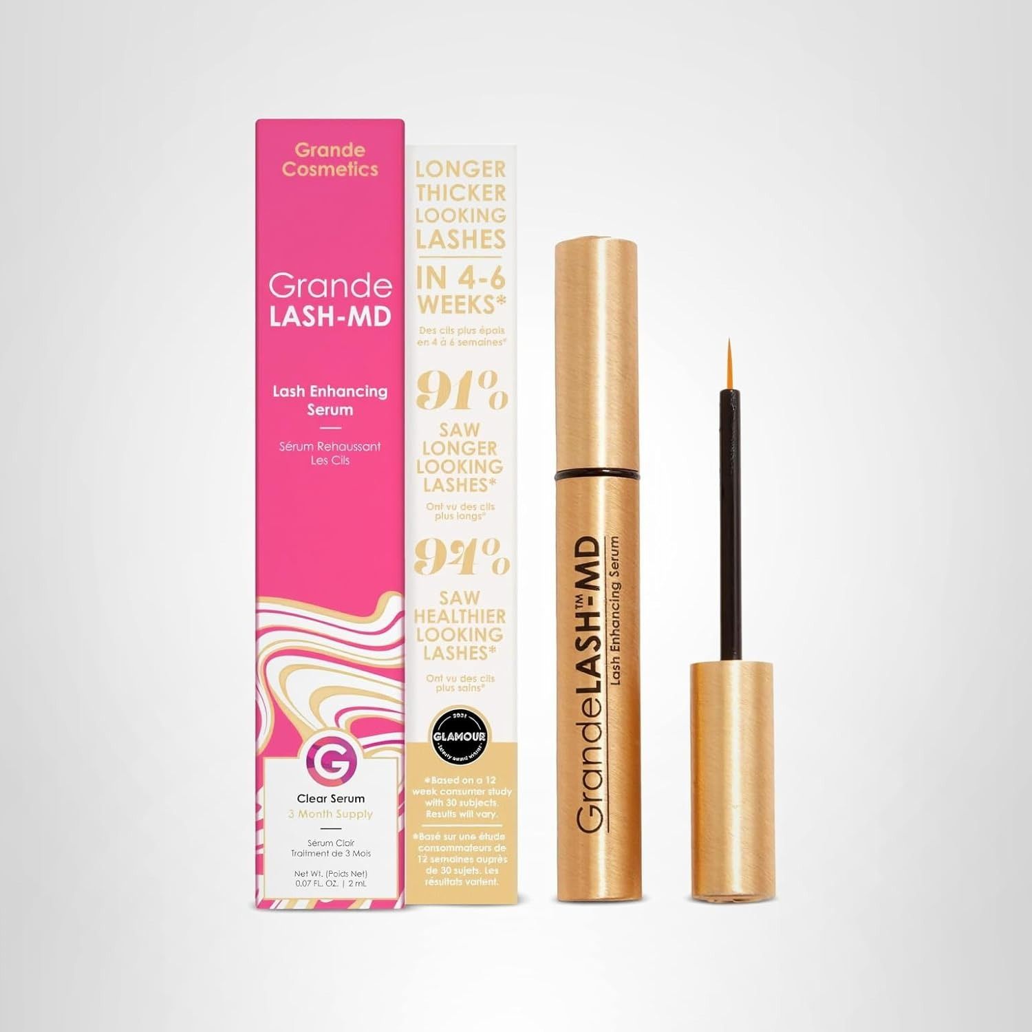Grande Cosmetics, Grande Cosmetics Grandelash-Md Lash Enhancing Serum - Peptide & Vitamin Infused Formula for Longer, Thicker, Fuller Looking Lashes - Ophthalmologist Tested, Cruelty-Free, 3 Month Supply (2ml)