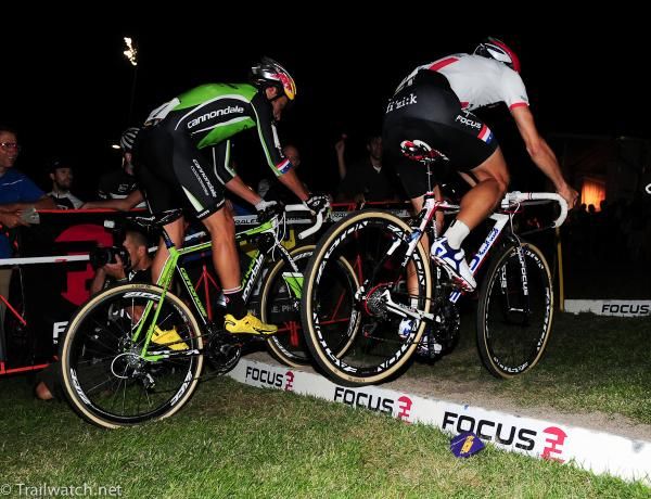 Tim Johnson matching Jeremy Powers in riding some stairs