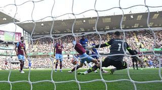 General view from behind the goal of Burnley's Premier League game against Chelsea at Turf Moor in 2023.
