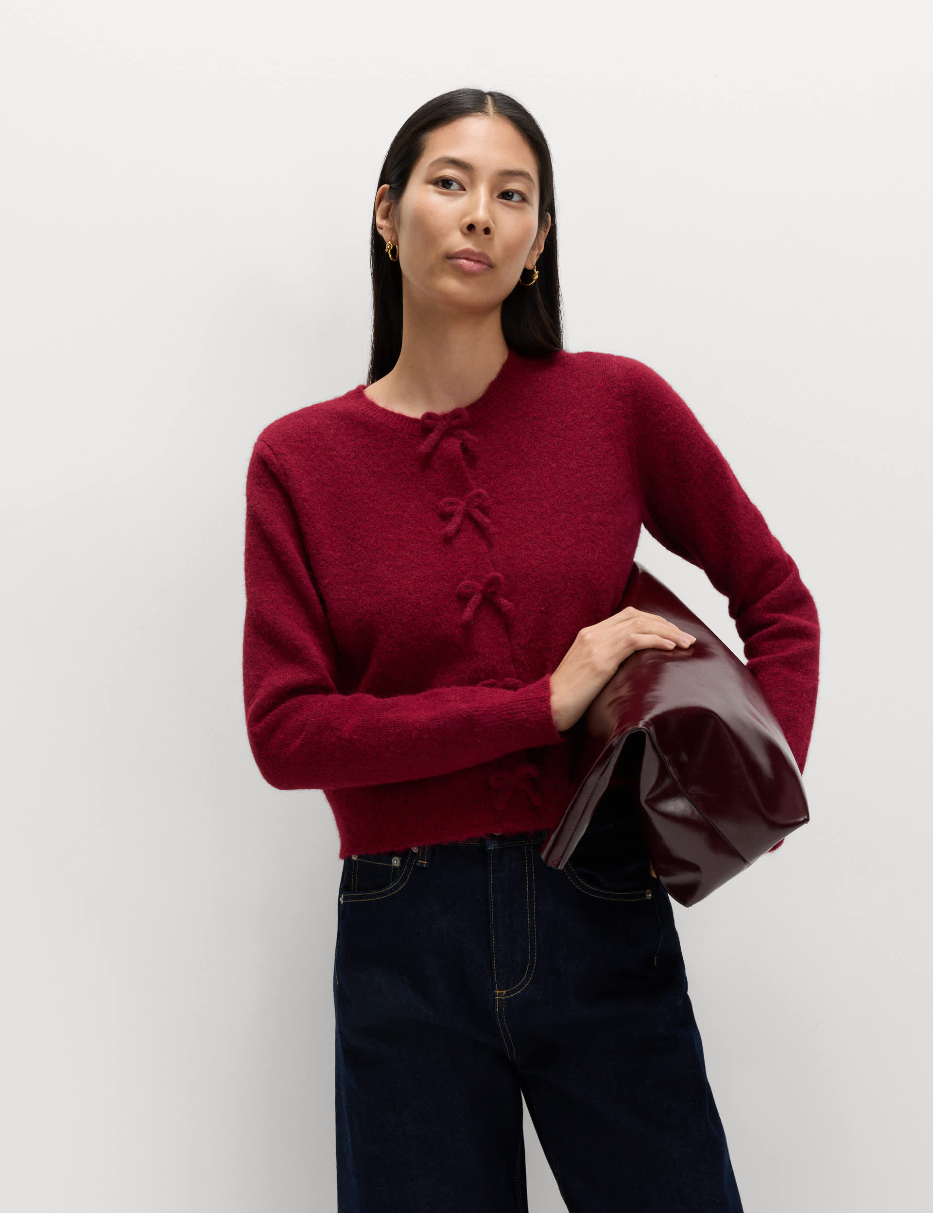 Bow Detail Cropped Cardigan With Wool