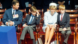 Prince Charles, Prince of Wales, Prince William, Princess Diana and Prince Harry attend a ceremony in Hyde Park to mark the 50th anniversary of VE Day on May 7, 1995 in London, England