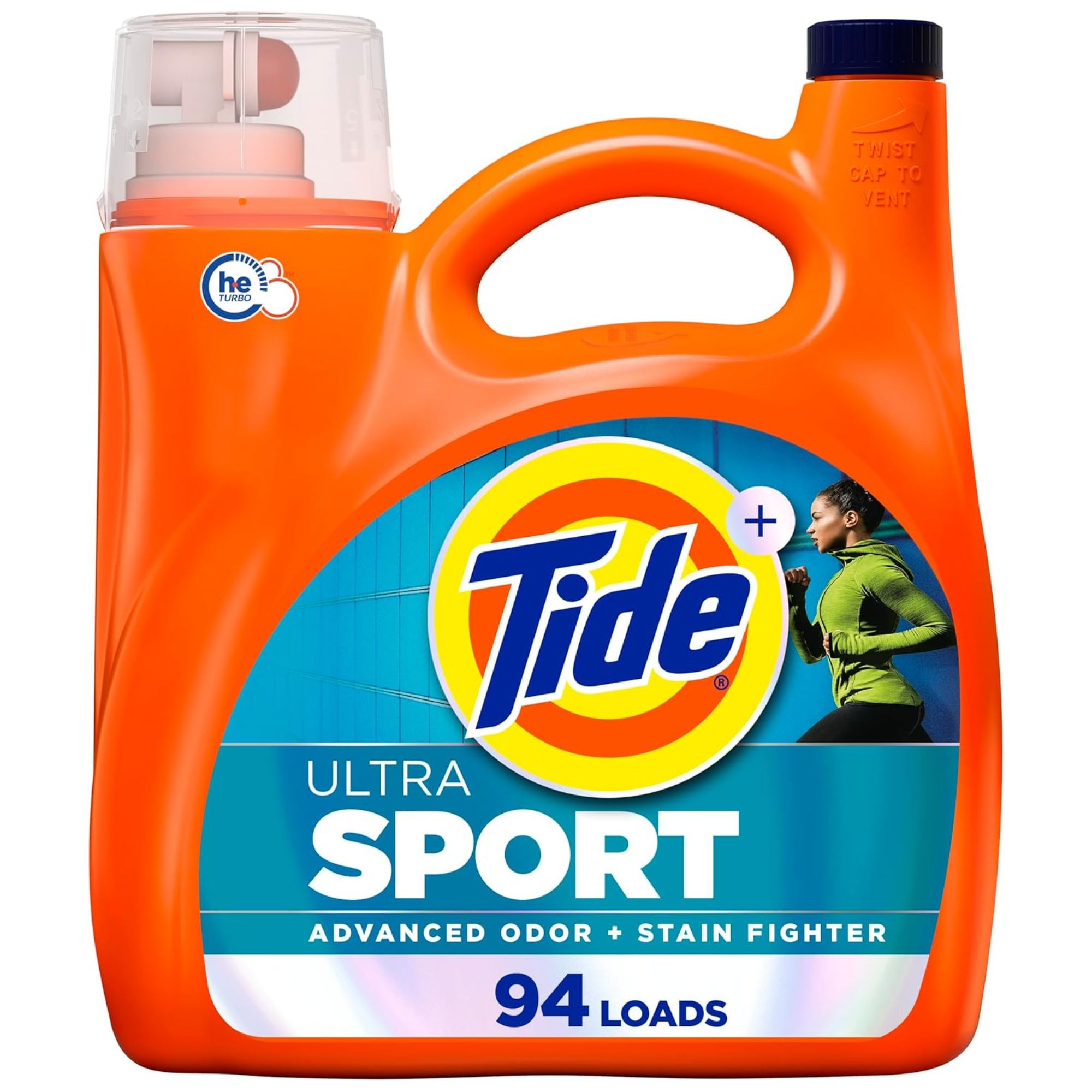 Orange bottle of Tide ultra sport detergent
