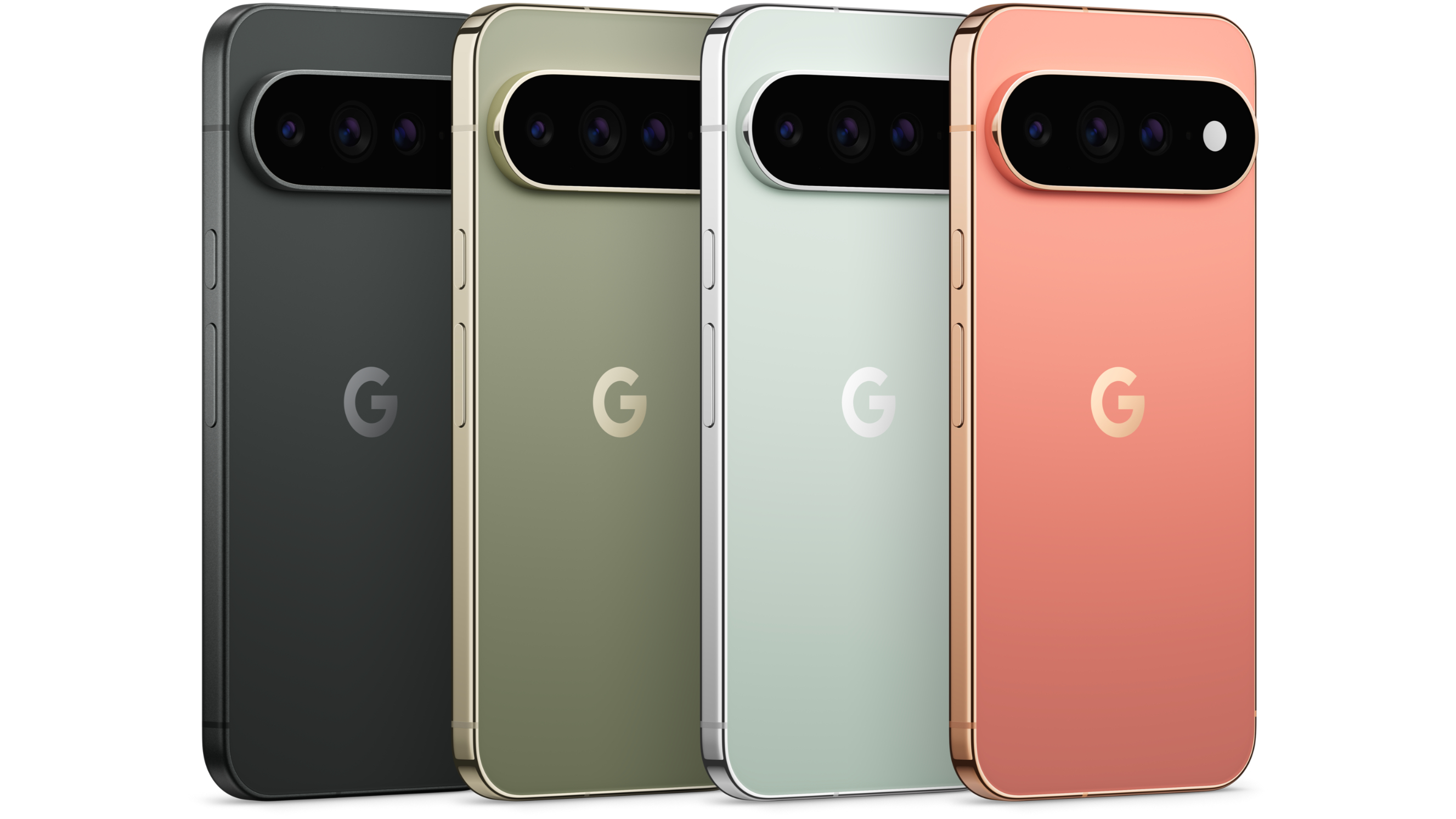 Google Pixel 11 Pro XL in black, green, light blue and pink on a white background