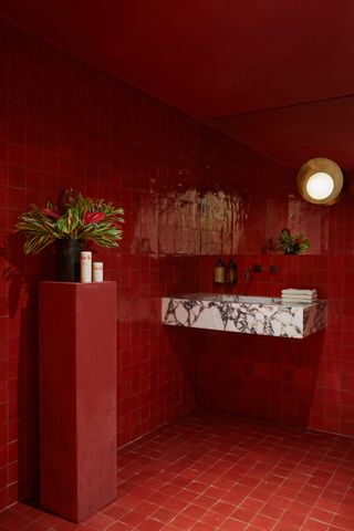 A red bathroom with red ceiling, walls and floor