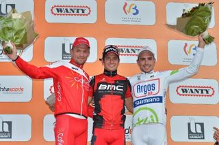 The 2012 Binche-Tournai-Binche podium (L-R): Adrien Petit (Cofidis), 2nd; Adam Blythe (BMC), 1st; and John Degenkolb (Argos-Shimano), 3rd