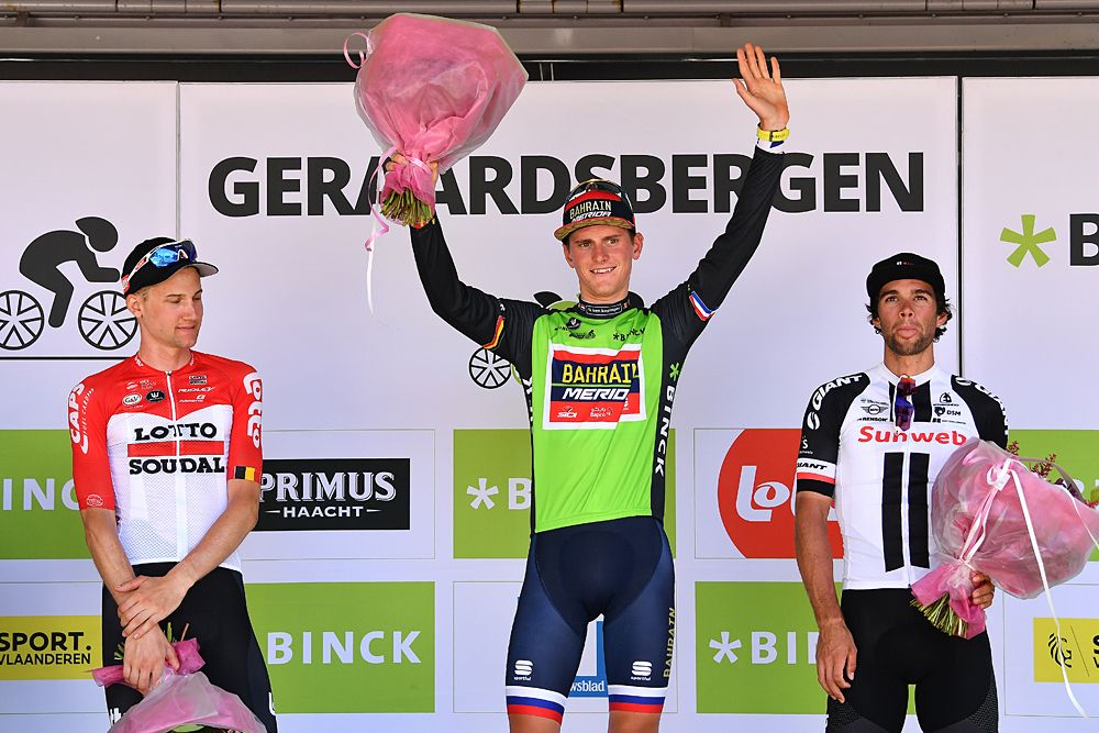 2018 BinckBank Tour final overall podium: 1st Matej Mohoric (Bahrain-Merida), 2nd Michael Matthews (Sunweb), 3rd Tim Wellens (Lotto Soudal
