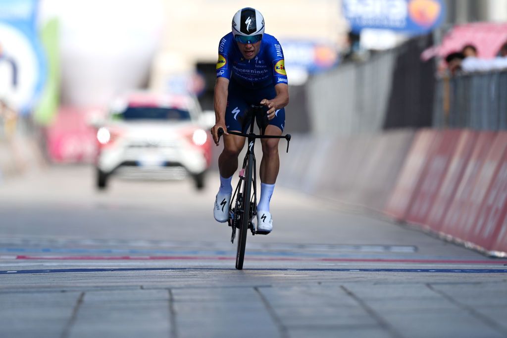 MILAN ITALY MAY 30 Joao Almeida of Portugal and Team Deceuninck QuickStep at arrival during the 104th Giro dItalia 2021 Stage 21 a 303km Individual Time Trial stage from Senago to Milano ITT UCIworldtour girodiitalia Giro on May 30 2021 in Milan Italy Photo by Stuart FranklinGetty Images