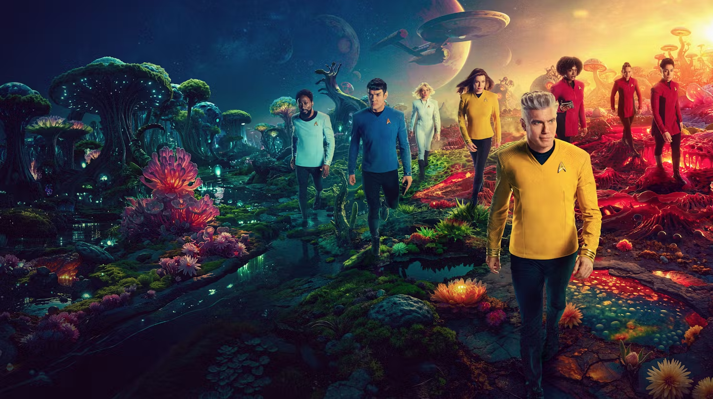a group of colorful sci-fi characters in otherworldly settings