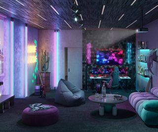 gaming room render with neon lights and modern furniture