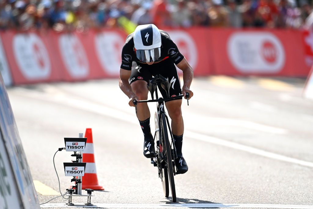 ABTWILL SWITZERLAND JUNE 18 Remco Evenepoel of Belgium and Team Soudal QuickStep crosses the finish line during the 86th Tour de Suisse 2023 Stage 8 a 257km individual time trial from St Gallen to Abtwil UCIWT on June 18 2023 in Abtwil Switzerland Photo by Tim de WaeleGetty Images