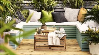 Garden decking with built in bench seating