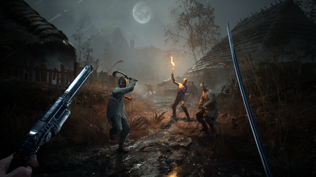 Villagers raise weapons under a rainy sky