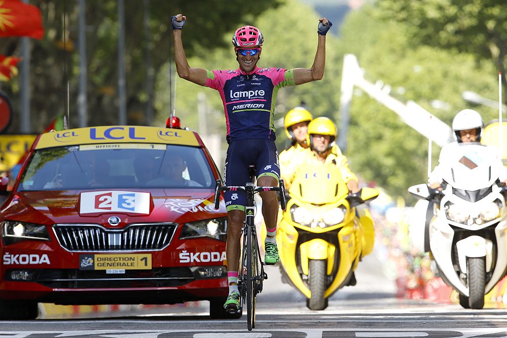 Ruben Plaza (Lampre-Merida) cross the finish line first in Gap