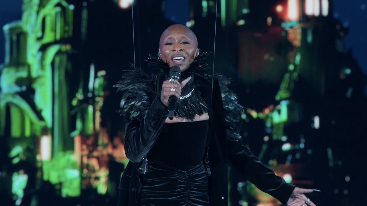 Cynthia Erivo flying and singing in Wicked: One Wonderful Night