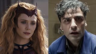 Side by side: Wanda in Scarlet Witch costume in WandaVision finale, Stephen Grant staring into mirror in Moon Knight premiere
