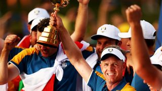 Luke Donald celebrates with the Ryder Cup team