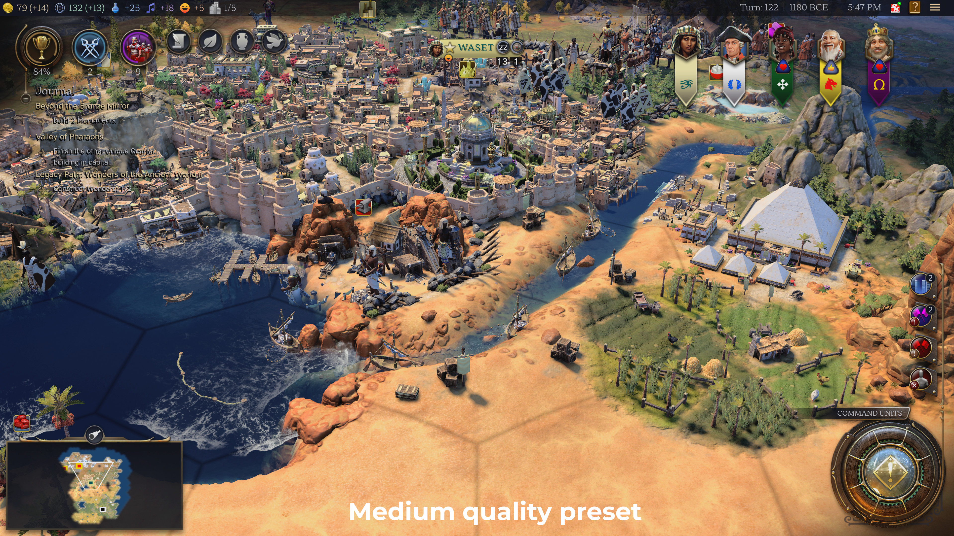 A screenshot of Civilization 7 showing the use of a specific quality preset