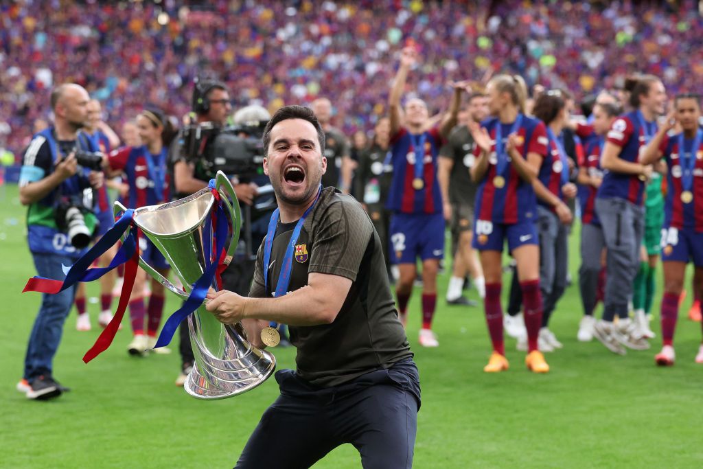 Barcelona&#039;s Spanish coach Jonatan Giraldez celebrates after winning the UEFA Women&#039;s Champions League final football match between FC Barcelona and Olympique Lyonnais at the San Mames stadium in Bilbao on May 25, 2024.