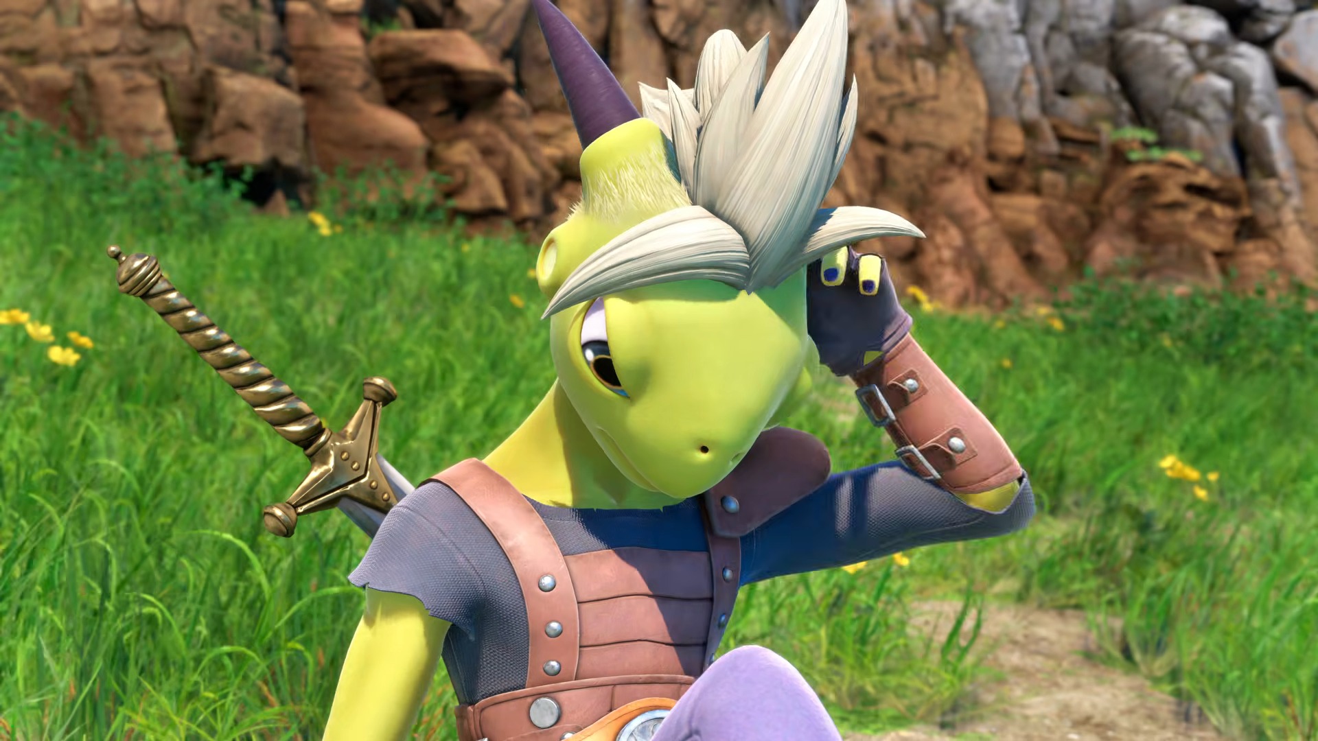 A lizard-like humanoid with white hair and horns is lying on a field of grass, pondering what to do next.