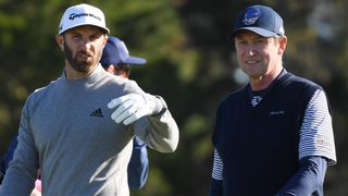 Dustin Johnson and Wayne Gretzky playing golf together at the Pebble Beach Pro-AM