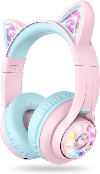 A pair of pink iClever cat ear headphones with LED lights