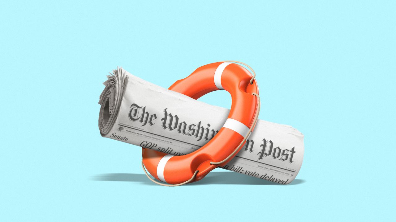 Illustration of a rolled up Washington Post newspaper fitted with a life preserver