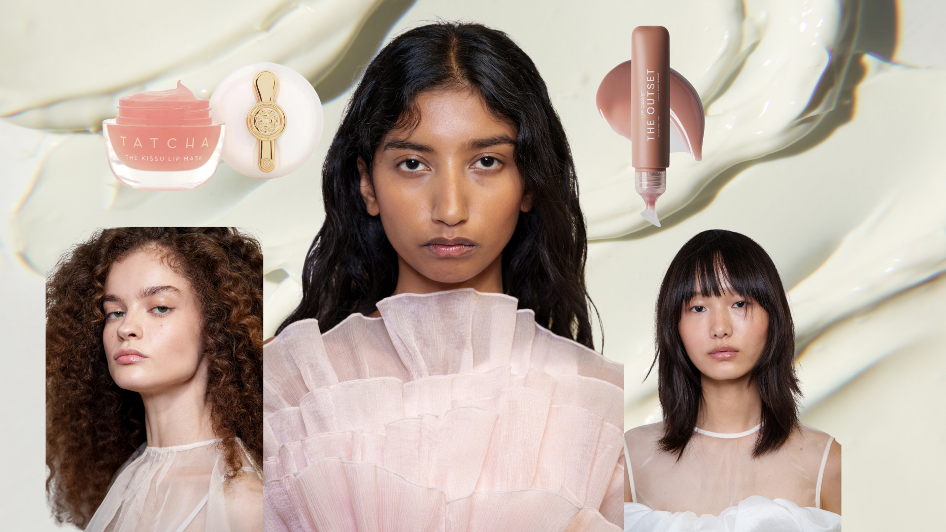 Three models with moisturized skin and lips. There is a moisturizer swatch behind them as well as two hydrating lip products for chapped lips.