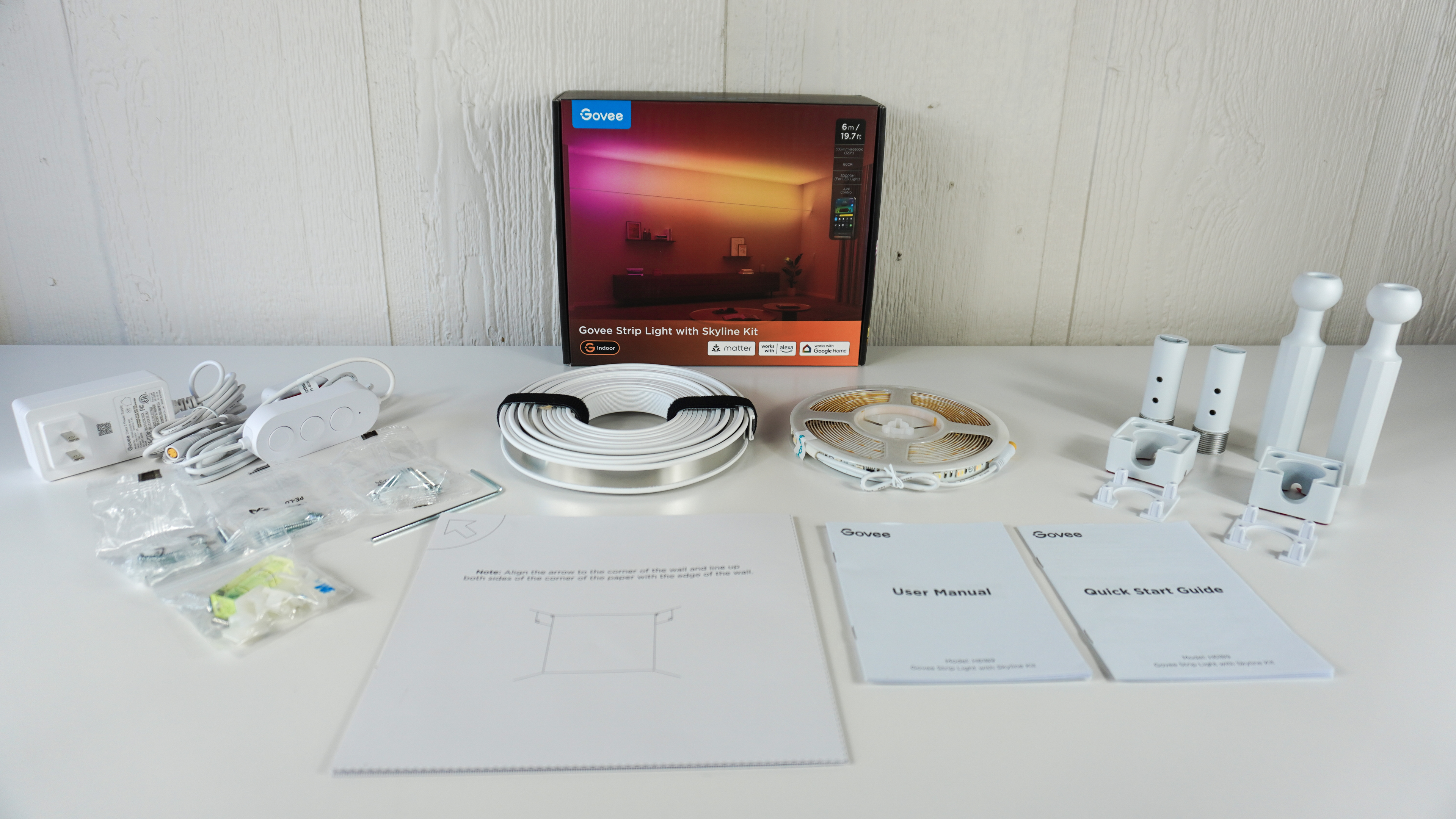 The Govee Strip Light with Skyline Kit unboxed on a table