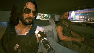 Cyberpunk 2077 photomode screenshot of V in a taxicab sitting next to Johnny Silverhand