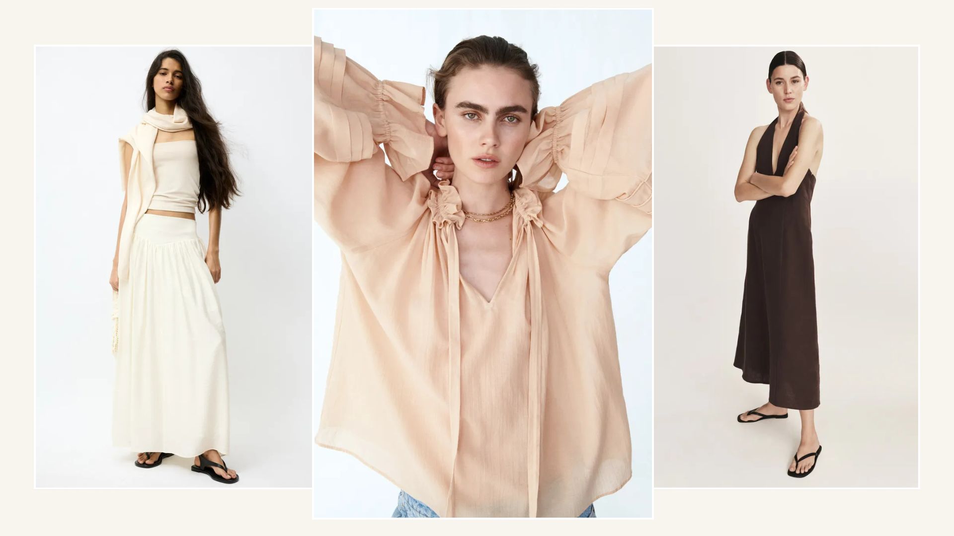Woman wears white top, matching white skirt and sandals; woman wears pink blouse and jeans; woman wears brown halterneck dress and brown sandals