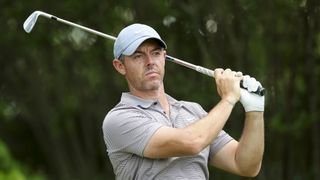 Rory McIlroy playing a wedge shot in the build up to the second major of the year, PGA Championship 2025.