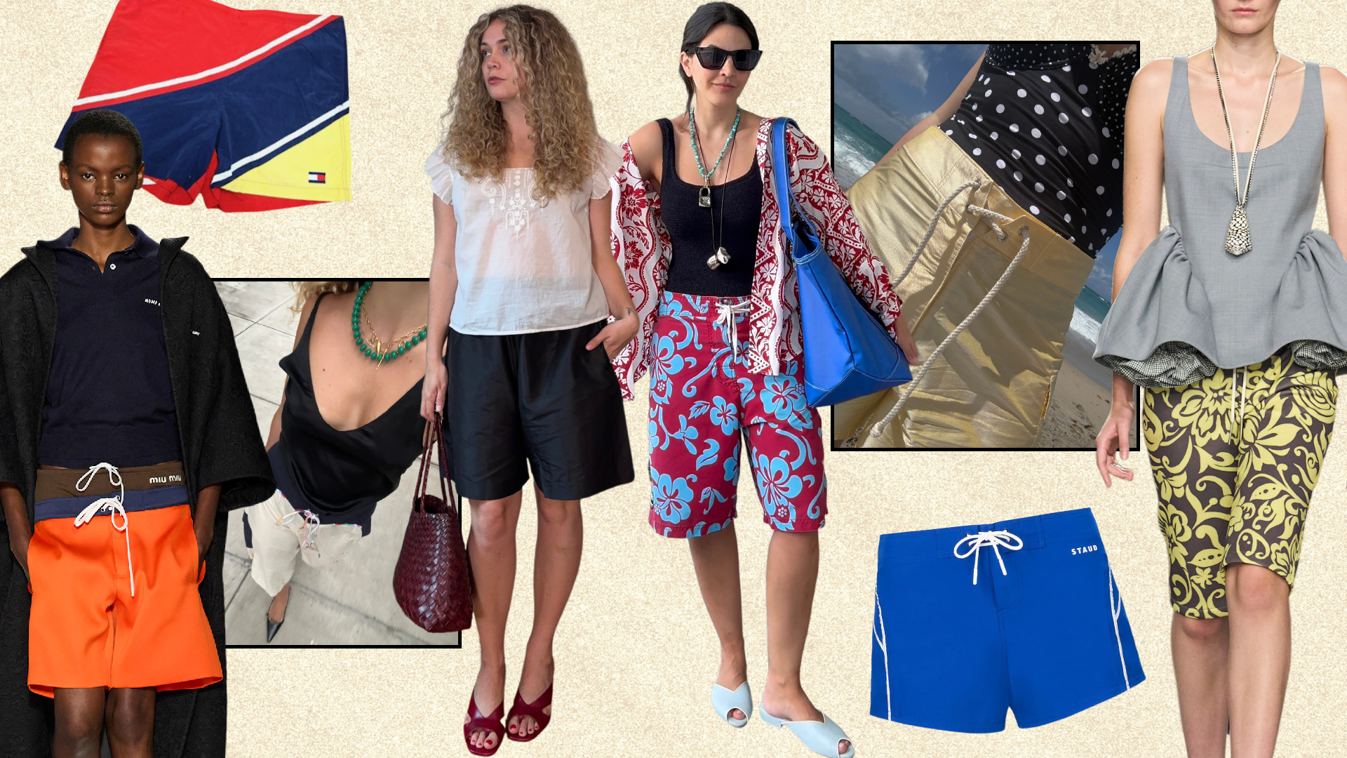 a collage of board shorts featuing Sierra Goodhue, Laura Kirk, Dries Van Noten Spring 2026, Miu Miu Spring 2024
