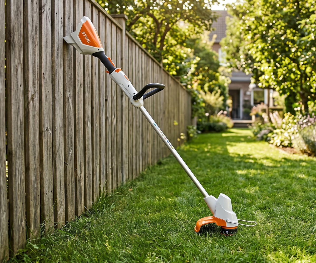 Stihl FSA 57 Compact Battery Brush Cutter Set balancing against a wooden fence on a lawn with a house in the background