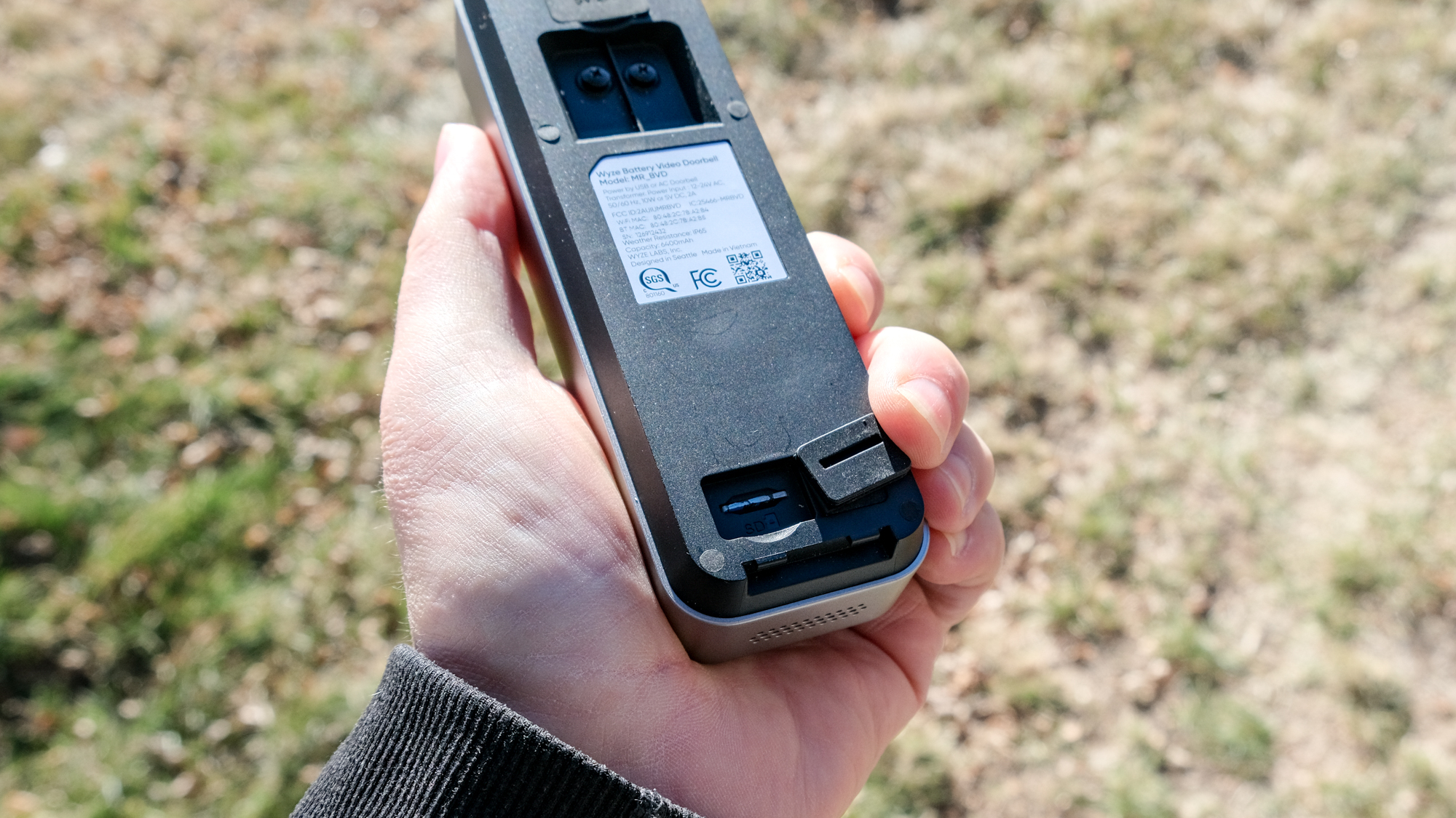 Showing the ports on the back of a Wyze Battery Video Doorbell