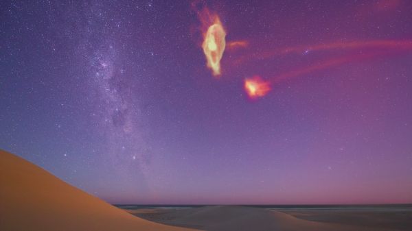 A view of the gas in the Magellanic System as it would appear in the night sky. 