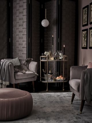 John Lewis and Swoon entertaining collection for a cosy night in including Lovelace bar cart and Enville occasional chair