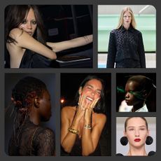 A collage of images from runways and Instagrams, including pictures of Jenna Ortega and Dua Lipa.